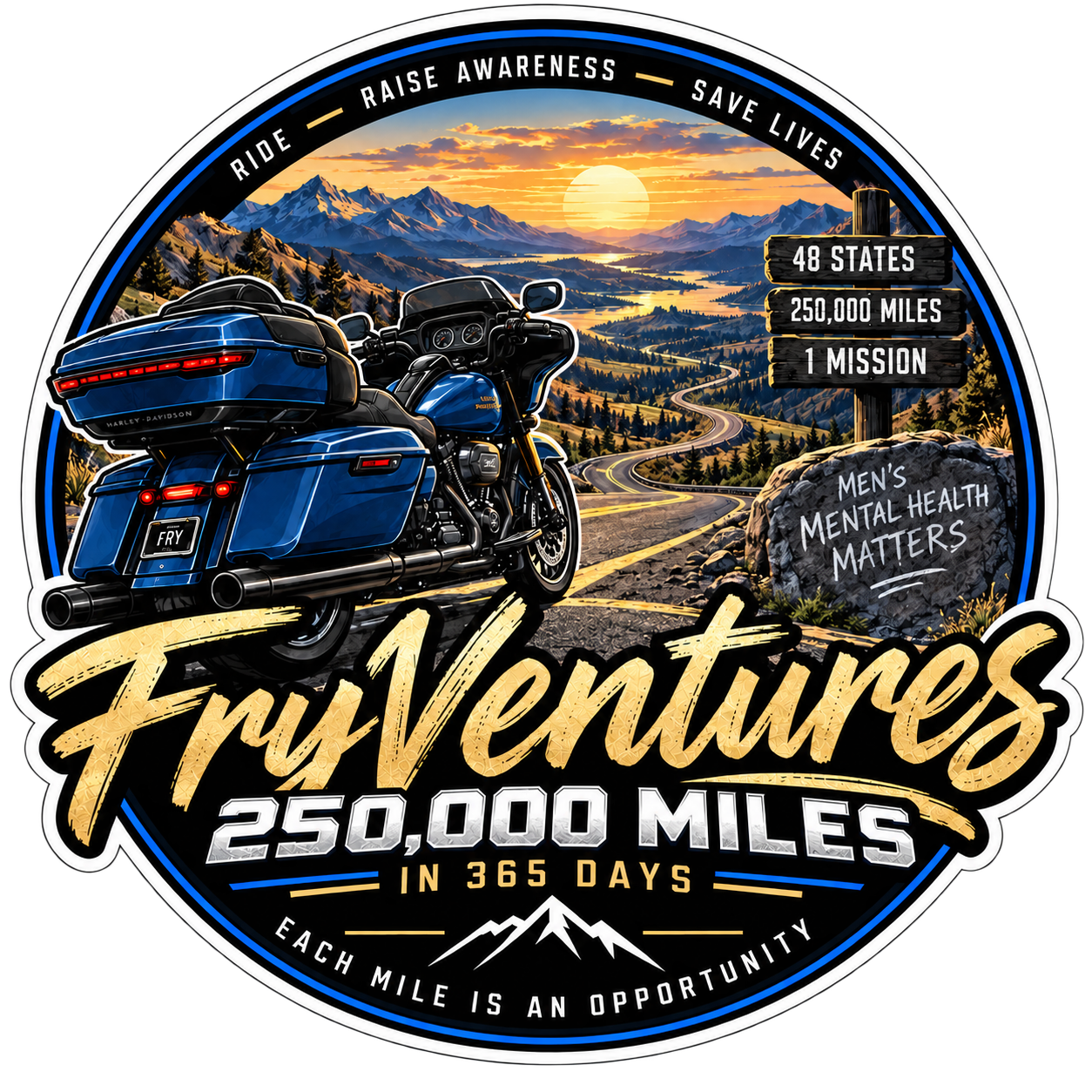 FryVentures 250,000 miles in 365 days mountain challenge badge