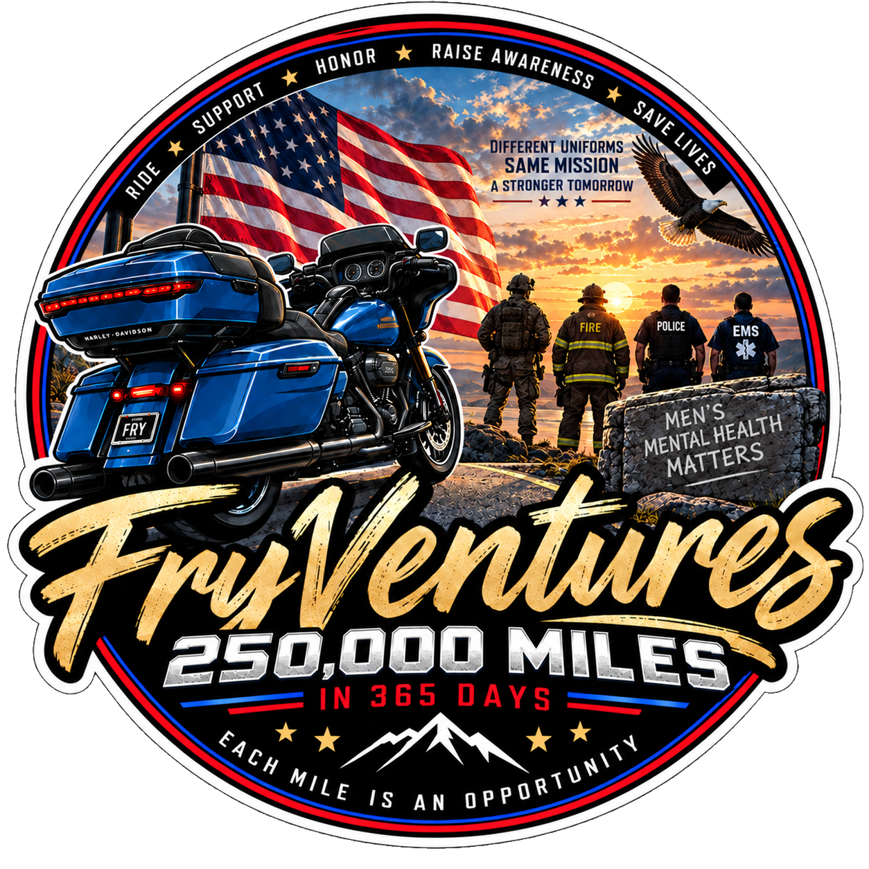 FryVentures patriotic challenge badge honoring military and first responders