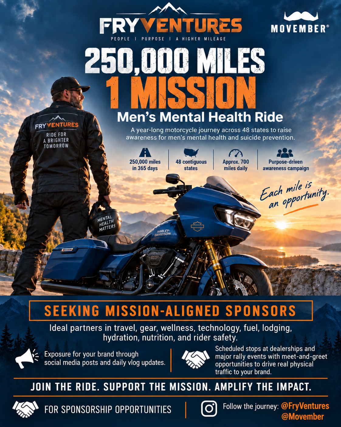 FryVentures 250,000 miles, one mission: men’s mental health ride seeking sponsors, with a blue touring motorcycle and rider at sunset.