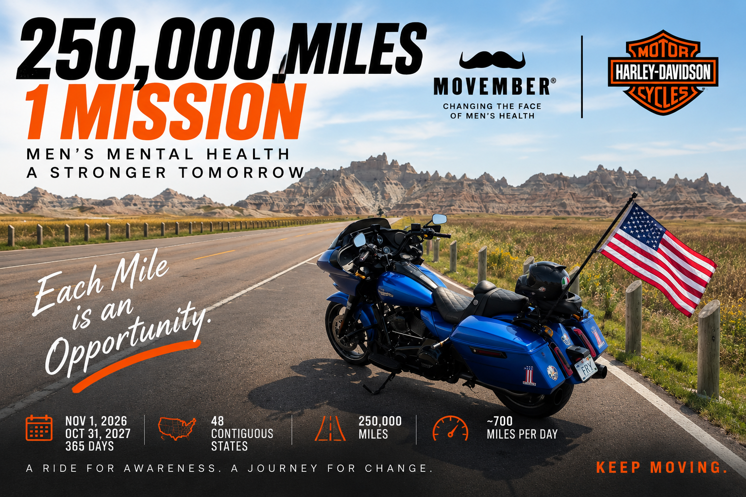 250,000 miles, one mission: a blue touring motorcycle on the open road, supporting men’s mental health with Movember and Harley Davidson